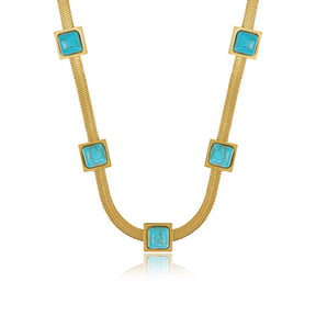 Colar Malha Pedra Aqua Banhado em Ouro 18K